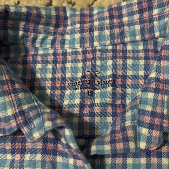 VINEYARD VINES Girls Size 12 Pink and Blue Plaid Cotton Flannel Shirt Dress - Picture 3 of 5
